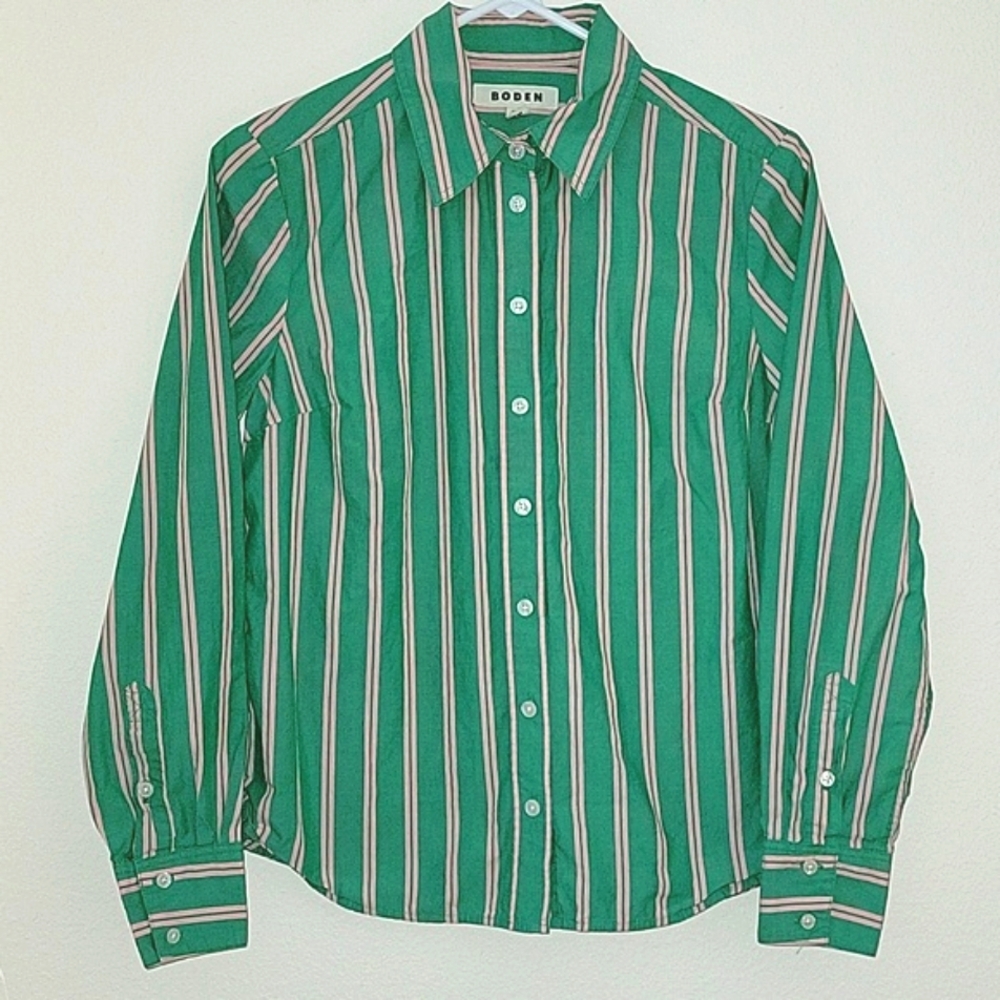 Boden Green and White Striped Button-Down Shirt